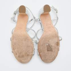 Pre Owned Chanel Silver Leather Criss Cross CC Ankle Strap Sandals Size 38.5