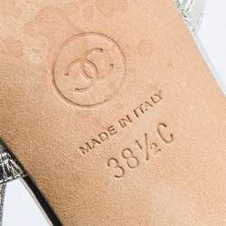 Pre Owned Chanel Silver Leather Criss Cross CC Ankle Strap Sandals Size 38.5