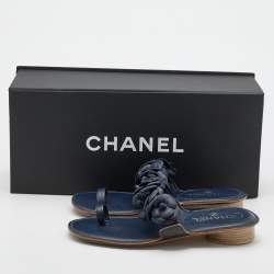 Chanel Blue Leather Camellia Thong Flat Sandals Size 37