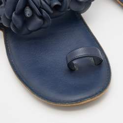 Chanel Blue Leather Camellia Thong Flat Sandals Size 37