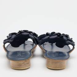 Chanel Blue Leather Camellia Thong Flat Sandals Size 37