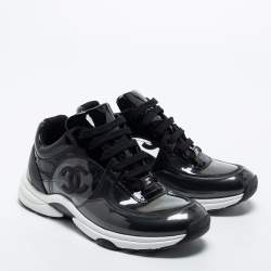 Pre Owned Chanel Black Patent and Leather and PVC CC Low Top Sneakers Size 37