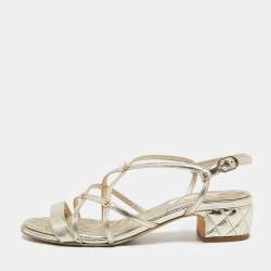 CHANEL Classic CHANEL BEIGE LEATHER PEARL CC LOGO HEELS SANDALS SHOES