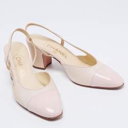 مملوكة مسبقًا Chanel Cream/Light Pink Leather and Patent Cap Toe Block Heel Slingback Pumps Size 38