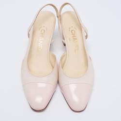 مملوكة مسبقًا Chanel Cream/Light Pink Leather and Patent Cap Toe Block Heel Slingback Pumps Size 38