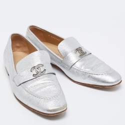 Chanel Silver Leather CC Loafers Size 38