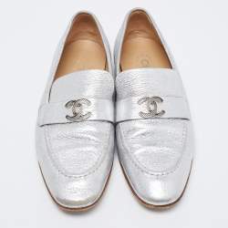 Chanel Silver Leather CC Loafers Size 38
