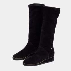 Chanel Black Suede Wedge Knee Length Boots Size 39.5