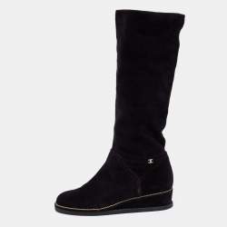 Chanel Black Suede Wedge Knee Length Boots Size 39.5