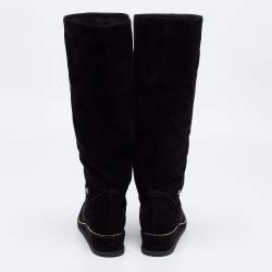 Chanel Black Suede Wedge Knee Length Boots Size 39.5