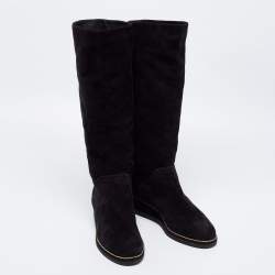 Chanel Black Suede Wedge Knee Length Boots Size 39.5