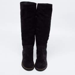 Chanel Black Suede Wedge Knee Length Boots Size 39.5
