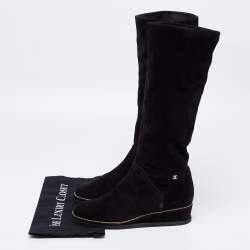 Chanel Black Suede Wedge Knee Length Boots Size 39.5