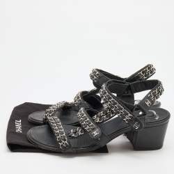 Pre Owned Chanel Black Leather Chain Link Detail Ankle Strap Sandals Size 38.5