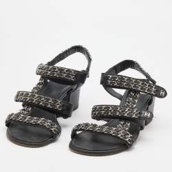 Pre Owned Chanel Black Leather Chain Link Detail Ankle Strap Sandals Size 38.5