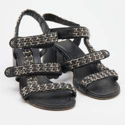 Pre Owned Chanel Black Leather Chain Link Detail Ankle Strap Sandals Size 38.5