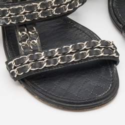 Pre Owned Chanel Black Leather Chain Link Detail Ankle Strap Sandals Size 38.5