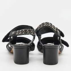 Pre Owned Chanel Black Leather Chain Link Detail Ankle Strap Sandals Size 38.5