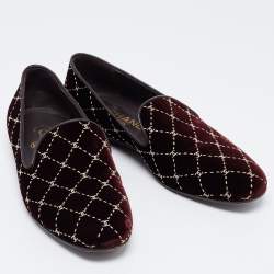 Pre Owned Chanel Burgundy Leather and Quilted Velvet CC Smoking Slippers Size 38