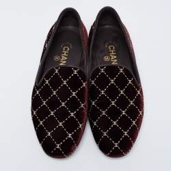 Pre Owned Chanel Burgundy Leather and Quilted Velvet CC Smoking Slippers Size 38