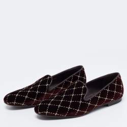 Pre Owned Chanel Burgundy Leather and Quilted Velvet CC Smoking Slippers Size 38
