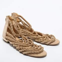 Chanel Beige Suede Chain Strappy Flat Sandals Size 39