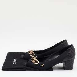 Pre Owned Chanel Black Leather and Fabric Chain Embellished Block Heel Pumps Size 35.5