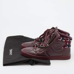 Chanel Burgundy Leather and Twee CC High Top Sneakers Size 38