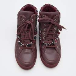 Chanel Burgundy Leather and Twee CC High Top Sneakers Size 38