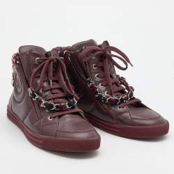 Chanel Burgundy Leather and Twee CC High Top Sneakers Size 38