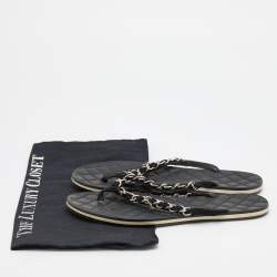 Pre Owned Chanel Black Suede Chain Link Thong Flats Size 38.5