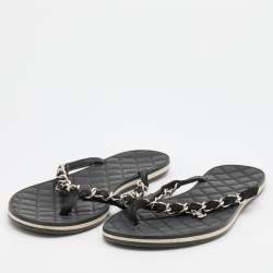 Pre Owned Chanel Black Suede Chain Link Thong Flats Size 38.5