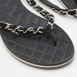 Pre Owned Chanel Black Suede Chain Link Thong Flats Size 38.5