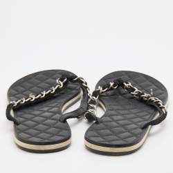 Pre Owned Chanel Black Suede Chain Link Thong Flats Size 38.5