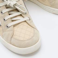 Pre Owned Chanel Beige Fabric and Suede CC Side Zip High Top Sneakers Size 37.5