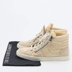 Pre Owned Chanel Beige Fabric and Suede CC Side Zip High Top Sneakers Size 37.5