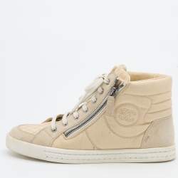 Pre Owned Chanel Beige Fabric and Suede CC Side Zip High Top Sneakers Size 37.5