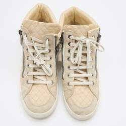 Pre Owned Chanel Beige Fabric and Suede CC Side Zip High Top Sneakers Size 37.5