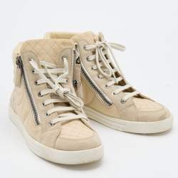 Pre Owned Chanel Beige Fabric and Suede CC Side Zip High Top Sneakers Size 37.5