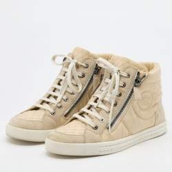 Pre Owned Chanel Beige Fabric and Suede CC Side Zip High Top Sneakers Size 37.5