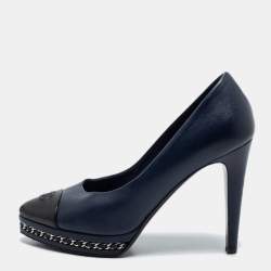 Pre Owned Chanel Navy Blue/Black Leather CC Cap Toe Chain Platform Pumps Size 38
