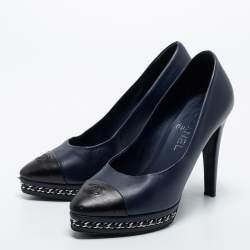 Pre Owned Chanel Navy Blue/Black Leather CC Cap Toe Chain Platform Pumps Size 38