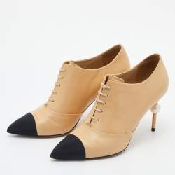 Chanel Beige/Black Leather And Fabric Cap Toe Embellished Booties Size 38