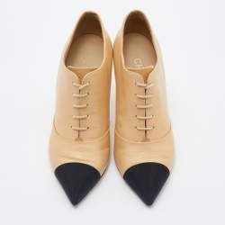 Chanel Beige/Black Leather And Fabric Cap Toe Embellished Booties Size 38