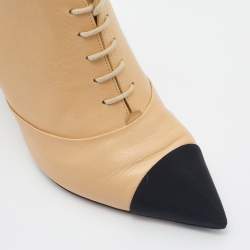 Chanel Beige/Black Leather And Fabric Cap Toe Embellished Booties Size 38