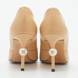 Chanel Beige/Black Leather And Fabric Cap Toe Embellished Booties Size 38