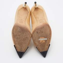 Chanel Beige/Black Leather And Fabric Cap Toe Embellished Booties Size 38