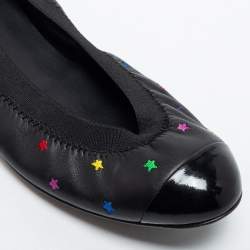 Pre Owned Chanel Black Leather Star Srunch Ballet Flats Size 38.5