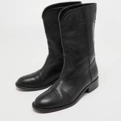 Chanel Black Leather Calf Length Boots Size 37.5