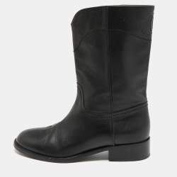 Chanel Black Leather Calf Length Boots Size 37.5